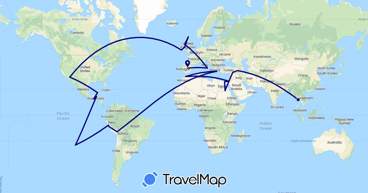 TravelMap itinerary: driving in Chile, Egypt, Spain, United Kingdom, Greece, Guatemala, Ireland, Italy, Jordan, Morocco, Mexico, Peru, Thailand, Turkey, United States (Africa, Asia, Europe, North America, South America)